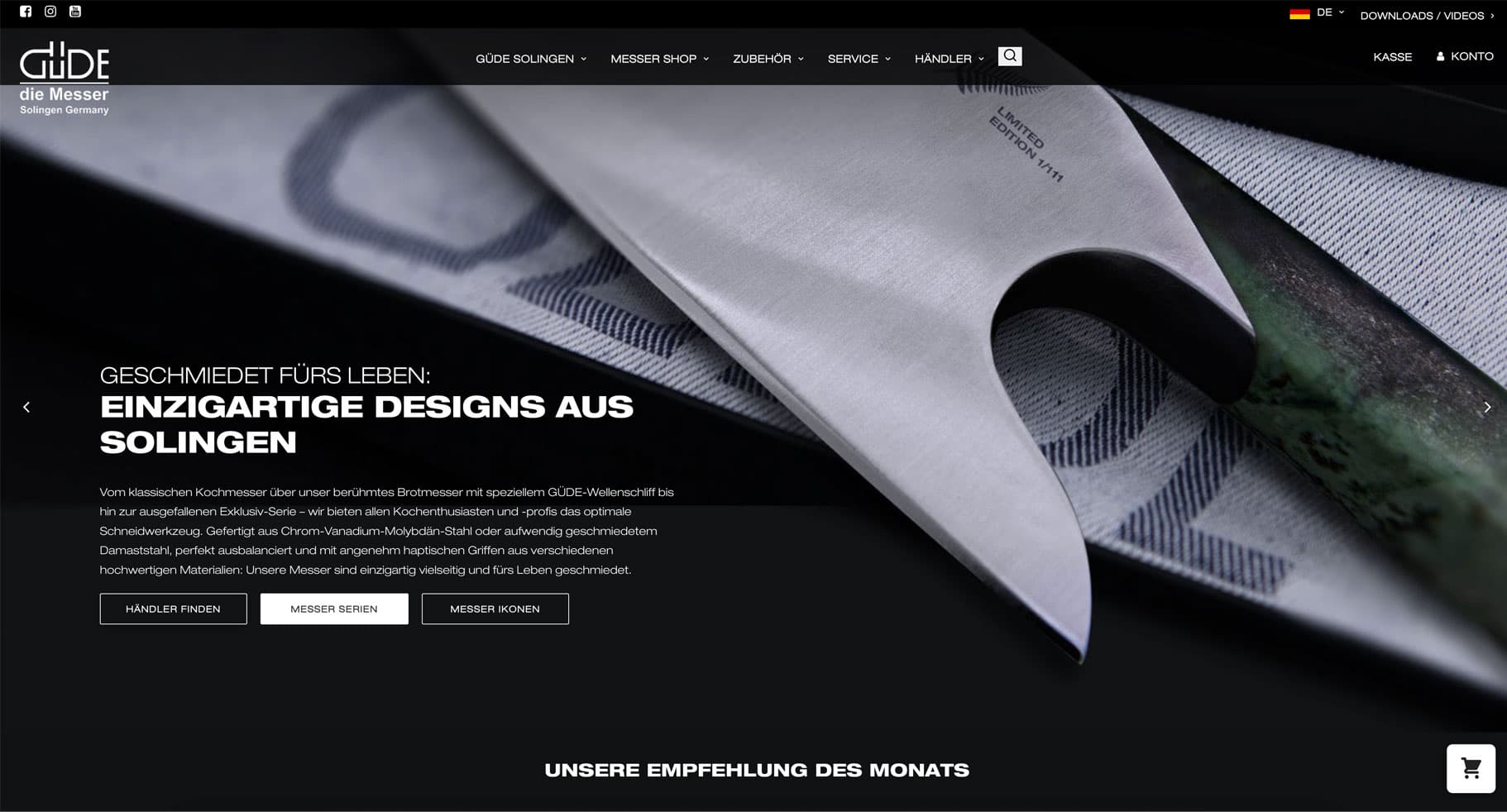 Güde Solingen Website mit hochwertigem Küchenmesser